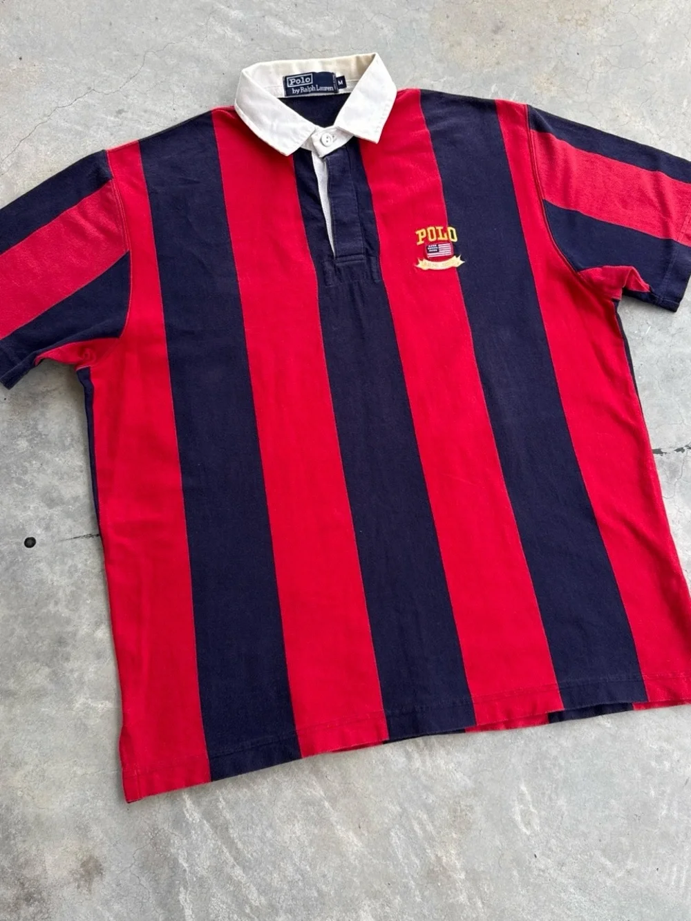 Vintage Polo Ralph Lauren Red Navy Stripe Short Sleeve Rugby Shirt Mens